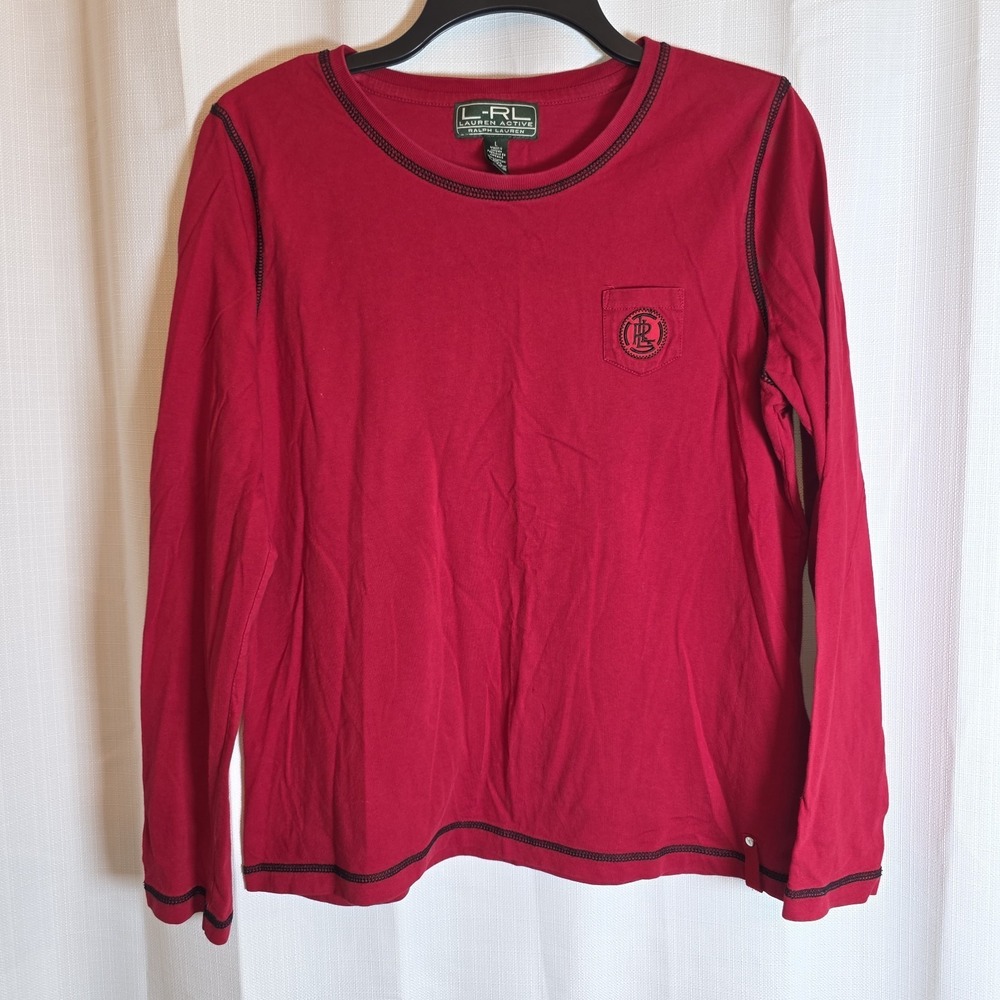 Lauren Ralph Lauren Active Shirt Womens L Red Long Sleeve Monogram Pocket